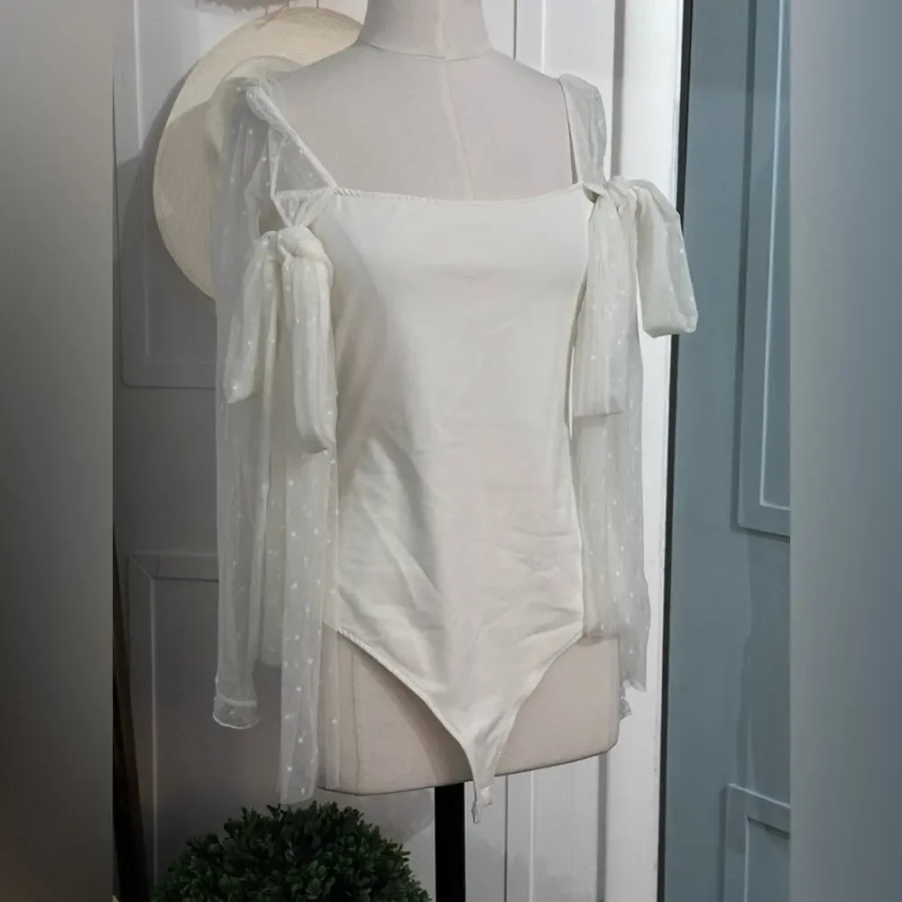 Free People TongueTied Mesh Lace Sleeve Tie Shoulder Bodysuit Ivory Size Medium